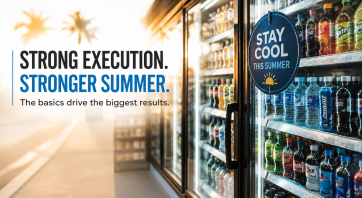 Convenience store beverage cooler stocked for summer sales with focus on store execution, merchandising, and operations.