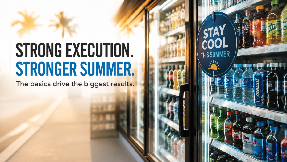Convenience store beverage cooler stocked for summer sales with focus on store execution, merchandising, and operations.