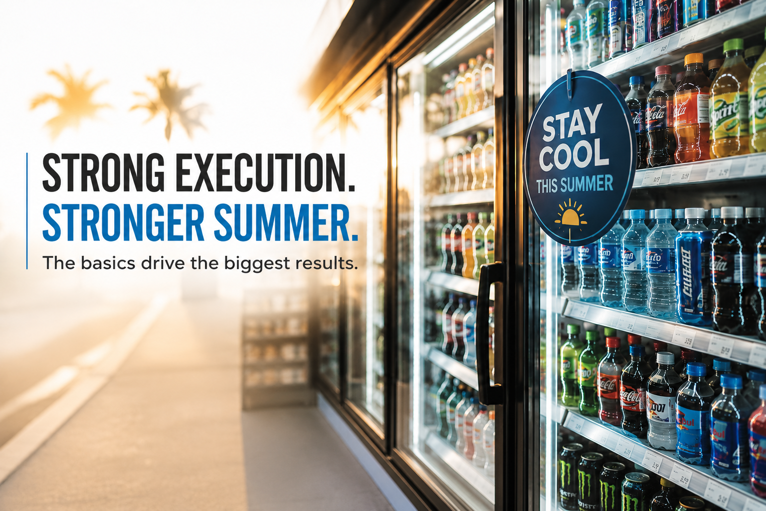 Convenience store beverage cooler stocked for summer sales with focus on store execution, merchandising, and operations.