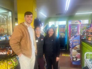 Dylan Conley visiting a Rams convenience store and speaking with employees about daily store operations.