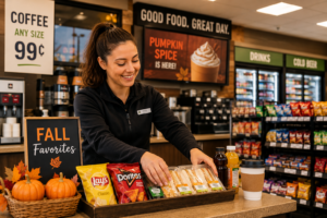 Convenience store employee preparing seasonal fall products and displays